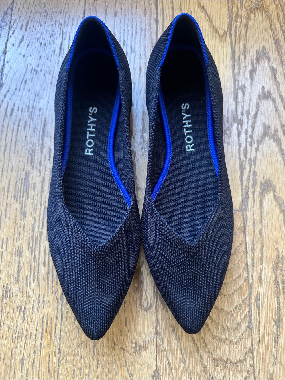 Rothy's Black Pointed Knit Flats with Blue Trim